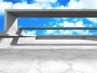 Concrete room wall construction on cloudy sky background. Abstract architecture design concept. 3d render