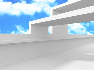 Empty white room interior with window to sky. 3d render