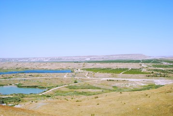aerial view of agricultural field and lakes