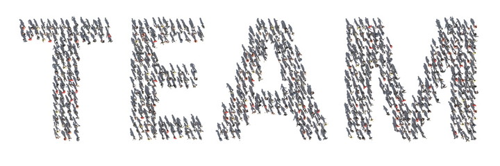 Aerial overhead view of people and their shadows making up TEAM word. 3d rendering