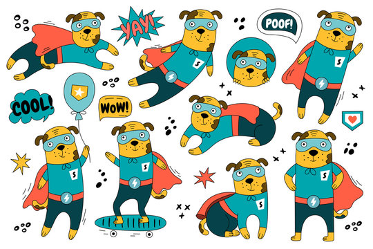 Hand-drawn dog in superman costume in different poses.