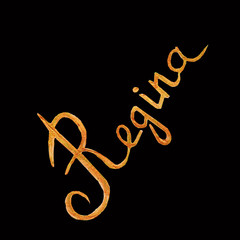 word, name, Regina written in gold acrylic on a black background, logo