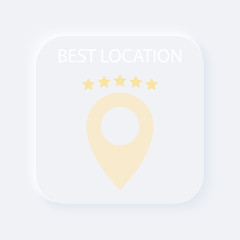 Bright white gradient square button with five stars best pin location. Internet symbol of map place. Neumorphic effect icon. Cube figure in trendy soft 3D style