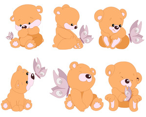 vector illustration of children's fairy bears with a butterfly in different poses