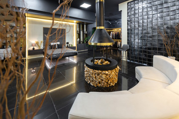 dark modern stylish male apartment interior with lighting, decorative walls, fireplace, dressing...
