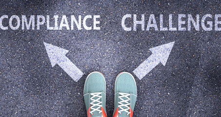 Compliance and challenge as different choices in life - pictured as words Compliance, challenge on a road to symbolize making decision and picking either one as an option, 3d illustration