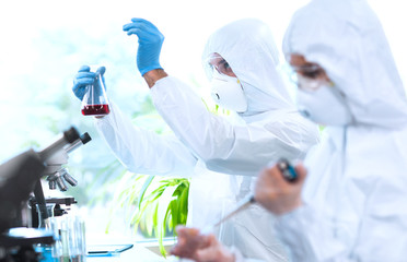 Fototapeta premium Scientists in protection suits and masks working in research lab using laboratory equipment: microscopes, test tubes.