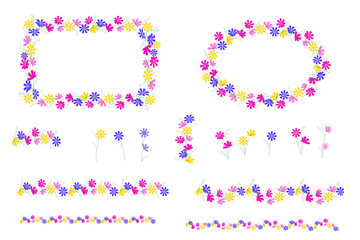 Set of flower frames and decor elements. Vector frame for a photo of the flowers of cosmos. Isolated vector image