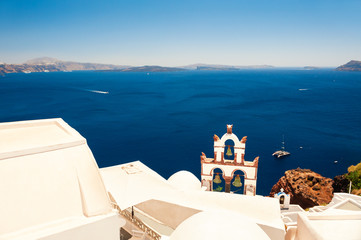 White architecture and blue sea on Santorini island, Greece. Famous travel destination