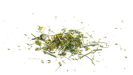 Fresh green dill with yellow flowers pile isolated on white background