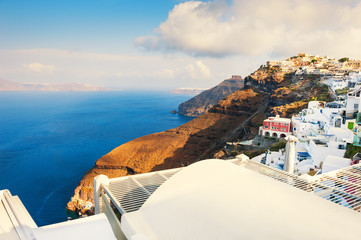 White architecture on Santorini island, Greece. Summer landscape, sea view. Travel destinations concept