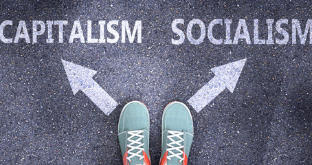 Capitalism and socialism as different choices in life - pictured as words Capitalism, socialism on a road to symbolize making decision and picking either one as an option, 3d illustration - obrazy, fototapety, plakaty