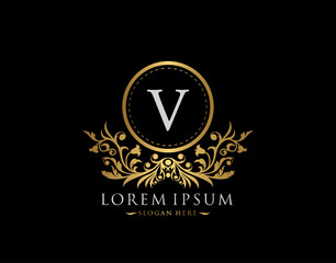 Luxury Boutique Logo. Letter V with gold calligraphic emblem and classic floral ornament. Classy Frame design Vector illustration.