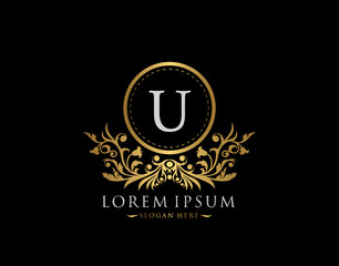 Luxury Boutique Logo. Letter U with gold calligraphic emblem and classic floral ornament. Classy Frame design Vector illustration.
