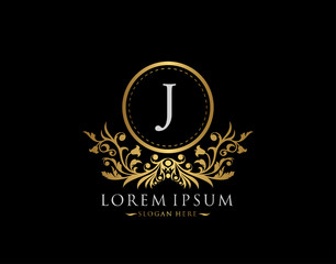 Luxury Boutique Logo. Letter J with gold calligraphic emblem and classic floral ornament. Classy Frame design Vector illustration.