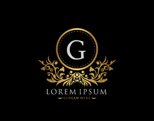 Fototapeta premium Luxury Boutique Logo. Letter G with gold calligraphic emblem and classic floral ornament. Classy Frame design Vector illustration.
