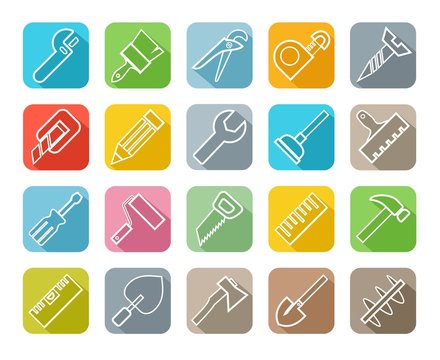 Hand tools, construction, icons, color, outline. Thin linear drawing. White icons on a colored background with a shadow. Vector.  