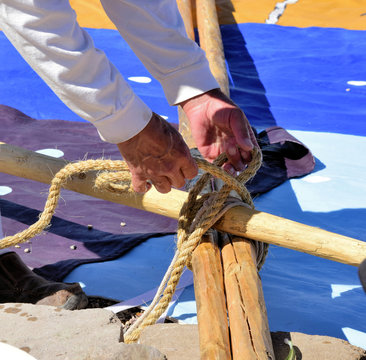 Teepee construction: All poles are secured with rope. Wet rope is used and it will tighten as it dries.