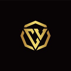 C V initial logo modern triangle and polygon design template with gold color