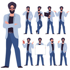 Set of flat design young indian sikh businessman characters. Various poses and gestures, everyday activities. Working, chatting, phonning, working and showing different emotions.