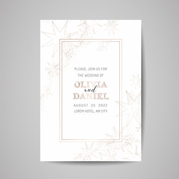 Save the Date Luxury Card, Wedding Celestial Invitation with Starry sky with Gold Foil Frame. Vintage trendy cover
