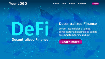 Defi - decentralized finance website template on blue abstract polygonal background. Website header layout with hot offer. Ecosystem of financial applications and services. Vector EPS10.
