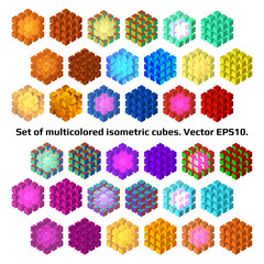 Set of multicolored isometric cubes from separate small cubes isolated on white. Decentralized system symbols. Vector EPS10.