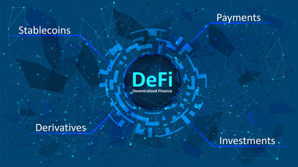 Defi - gedecentraliseerde financiën in een digitale cirkel op een donkerblauwe abstracte veelhoekige achtergrond. Een ecosysteem van financiële toepassingen en diensten op basis van publieke blokkades. Vector EPS 10.