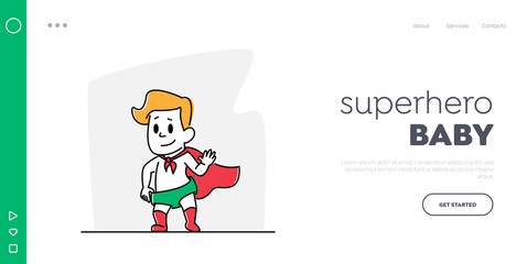 Toddler Character Rescue Landing Page Template. Little Baby Wearing Red Super Hero Cape Waving Hand Playing in Superhero