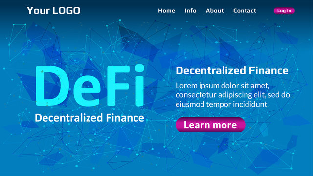 Defi - Decentralized Finance Website Template On Blue Abstract Polygonal Background. Website Header Layout With Hot Offer. Ecosystem Of Financial Applications And Services. Vector EPS10.