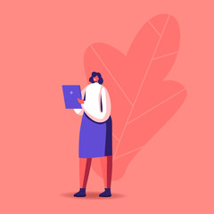 Business Woman Read Information on Digital Tablet. Female Character Student or Office Worker Searching Info in Internet