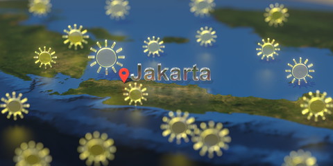 Jakarta city and sunny weather icon on the map, weather forecast related 3D rendering