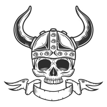 Vintage viking skull without jaw with horned helmet and ribbon monochrome isolated vector illustration