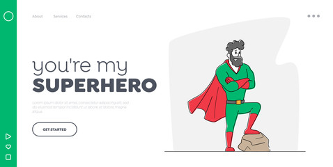 Father Superhero, Successful Businessman, Powerful Leader Landing Page Template. Male Character in Super Hero Costume