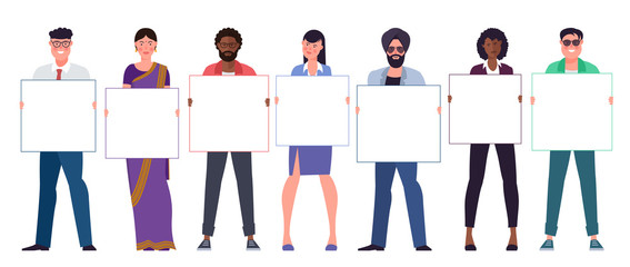 Set of multinational diverse young men and women team holding clean blank white placards. Male and female, black and caucasian, indian and european cartoon characters banners with white copy space.