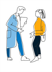 Consultation concept. Conversation between doctor and patient. Dialogue between medical professor and student. Single line vector illustration