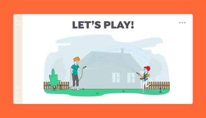 Naklejka premium Family Joy Landing Page Template. Happy Mother and Daughter Spraying from Water Hose in Hot Summer Time Season Weather