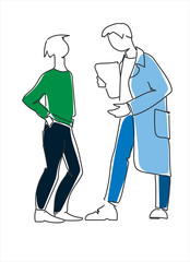 Consultation concept. Conversation between doctor and patient. Dialogue between medical professor and student. Single line vector illustration