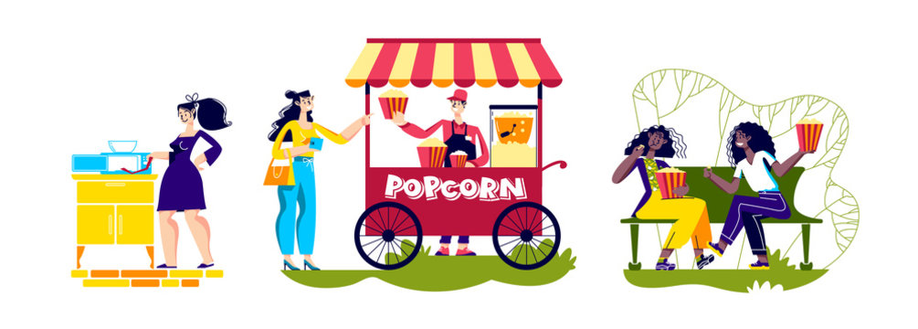 Delicious popcorn. People eating, cooking and buying popcorn in retro street kiosk