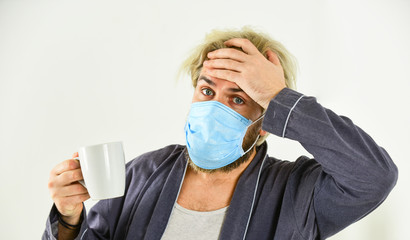 Wearing mask protect from coronavirus. Quarantine concept. Protect against coronavirus. Guy in mask...