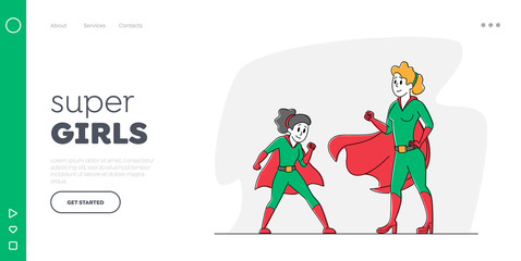 Parents and Children Relations Landing Page Template. Family Mother and Daughter Characters Wearing Superhero Costumes