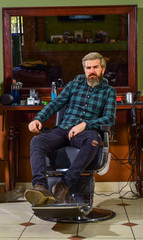 beard and mustaches. Professional hairstylist in barbershop interior. Portrait of stylish man beard. shaving. Hairstylist in barbershop. man in hair salon with hipster haircut