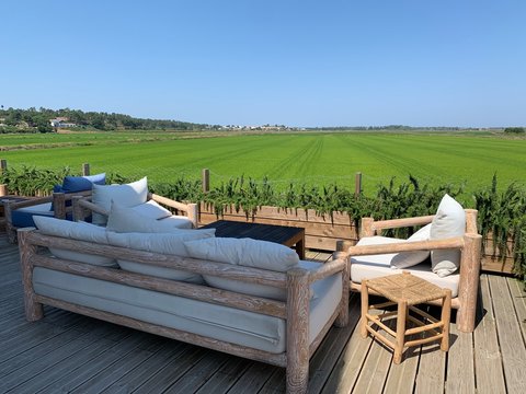 Outdoor garden furnitures on the terrace in front of the green rice fields in Quinta da Comporta, Portugal
