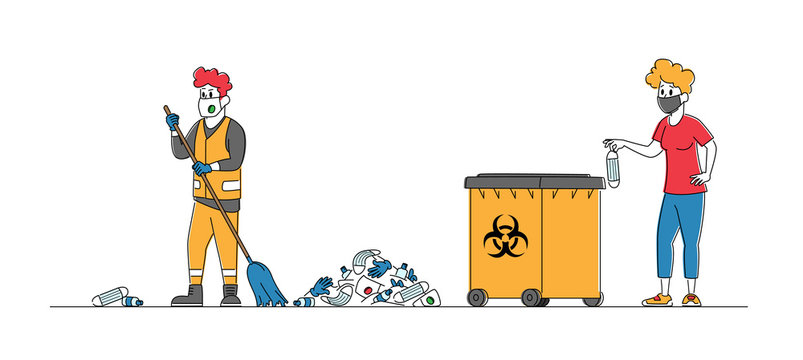 Female Character Throw Covid Waste to Litter Bin with Bio Hazard Symbol Janitor in Respirator Sweeping Rubbish on Street