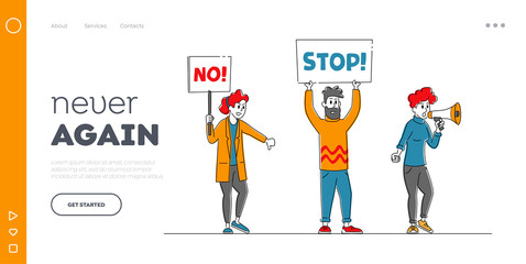 People Protesting with Placards on Rally, Strike Landing Page Template. Characters with Banners Protest Against Election
