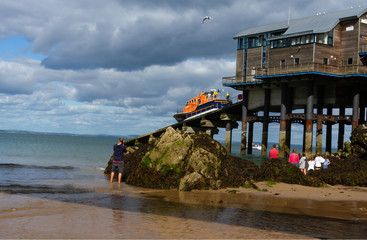 Lifeboat launching at Tenby, Pembrokeshire