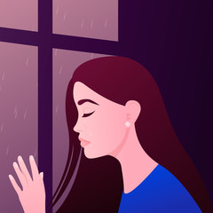 Crying Sad Young Girl or Woman with closed Eyes Closeup. Depression, Stress Concept. Vector Portrait in Flat Cartoon Style, Illustration