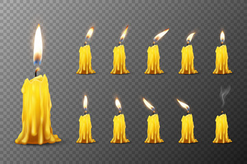 Vector 3d Realistic Orange Paraffin or Wax Burning Candles with Different Flame Icon Set Closeup Isolated on Transparent Background. Design Template, Clipart