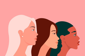 International Womens Day. Three Multy Ethnic Women of Different Nationalities Standing Together. Women s Friendship, Feminists, Sisterhood Concept. Empowerment Movement. Struggle for Freedom. Vector
