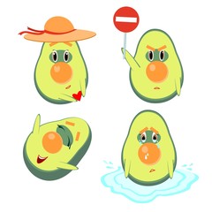 Sticker set of vector cute avocado heroes isolated on white background. Emotion Faces Picture.